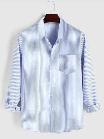 Mens Blue Casual Series Comfortable-Blend Striped Long Shirts