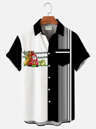 Men's Christmas Music Contrast Stripe Print Short Sleeve Bowling Shirt