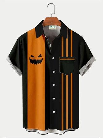 Men's Halloween Pumpkin Stripe Contrast Print Short Sleeve Bowling Shirt