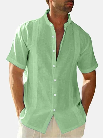 Royaura Men's Basic Casual Cotton Linen Breathable Stand Collar Short ...