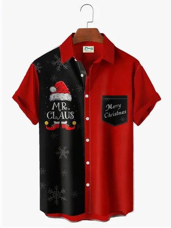 Men's Christmas Snowflake Santa Hat Print Short Sleeve Hawaiian Shirt