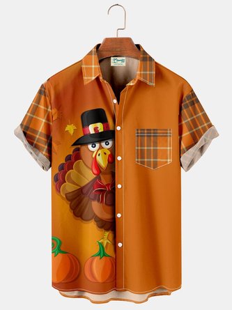 Men's Thanksgiving Fun Turkey Plaid Patchwork Print Short Sleeve Shirt