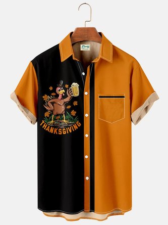 Men's Thanksgiving Fun Contrast Print Short Sleeve Bowling Shirt