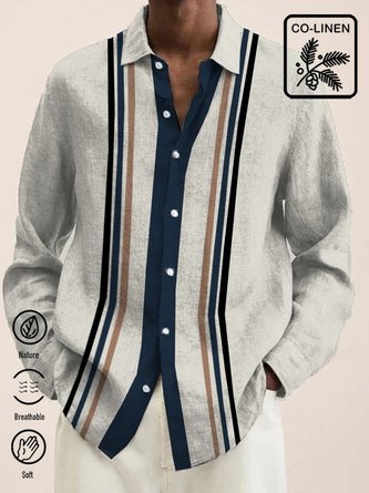 Royaura Men's Vintage Striped Hawaiian Cotton Linen Long Sleeve Shirt
