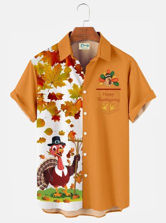Royaura Men's Thanksgiving Fall Leaves Turkey Print Bowling Shirts Seersucker Big and Tall Shirts