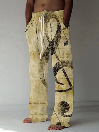 Royaura Men's Casual Music Note Print Cotton Linen Solid Color Slim Pants