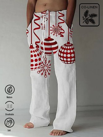 Royaura Men's Christmas Cotton Linen Solid Color Slim Trousers