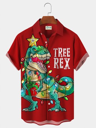 Men's Holiday Christmas Shirts Red Dinosaur Bright Lights Wrinkle Free Plus Size Hawaiian Shirts