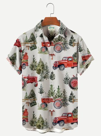 Royaura Men's Christmas Red Truck In the Woods Hawaiian Shirts Tuckless Button Up Shirts
