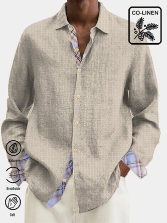 Royaura Cotton Linen Men's Holiday Check Panel Hawaiian Button Long Sleeve Shirt