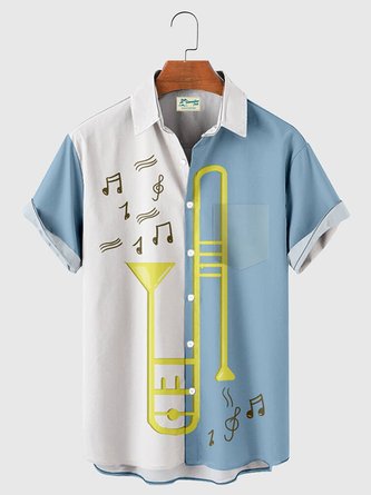 Royaura Men's Vintage Trumpet Print Jazz Shirts Tuckless Big and Tall Shirts