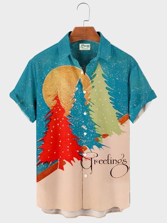 Royaura Men's Vintage Christmas Tree Print Short Sleeve Shirts Breathable Big and Tall Shirts