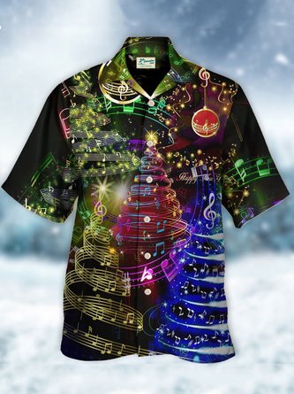 Royaura Men's Christmas Tree Music Happiness Print  Hawaiian Shirt Breathable Shirts