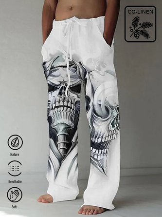 Royaura Men's Men's Casual Skull Print Cotton Linen Drawstring Trousers