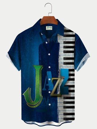 Royaura Men's Vintage Abstract Cracked Piano Keys Print Rhythm Pattern Print Jazz Shirt Breathable Plus Size Shirts