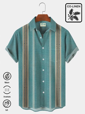 Royaura Cotton Linen Men's Vintage Western Style Beach Hawaiian Button Short Sleeve Shirt