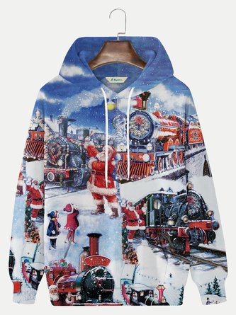 Royaura Men's Holiday Christmas Hoodie Steam Train Santa Claus Plus Size Sweatshirts
