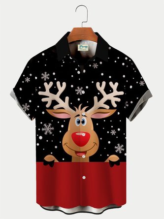Royaura Men's Christmas Elk Snowflake Print Hawaiian Shirts Breathable Big and Tall Shirts