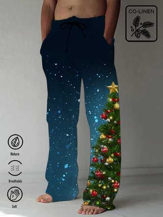 Royaura Men's Christmas Tree Print Cotton Linen Trousers