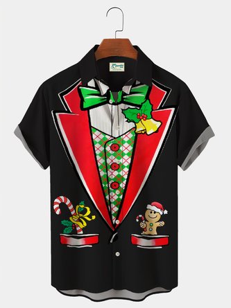 Royaura Men's Christmas Shirts Bells Candy Cane Gingerbread Man Wrinkle Free Plus Size Hawaiian Shirts