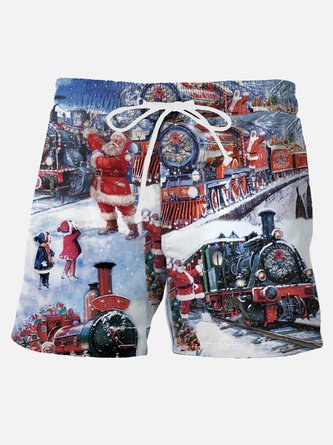 Royaura Men's Holiday Christmas Beach Shorts Santa Claus Steam Train Wrinkle Free Plus Size Hawaiian Shorts