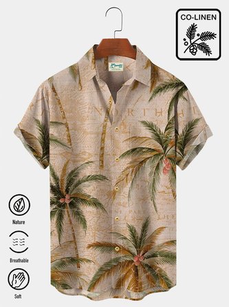 Royaura Cotton Linen Men's Vintage Coconut Beach Hawaiian Short Sleeve Button Up Shirt