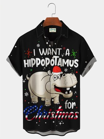 Royaura Men's I Want A Hippopotamus For Christmas Cartoon Shirt Wrinkle Free Plus Size Hawaiian Shirt