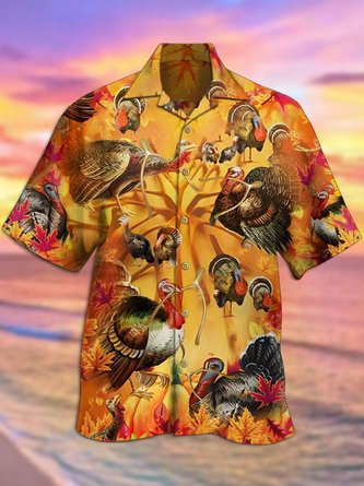 Royaura Men's Holiday Thanksgiving Turkey Hawaiian Button Short Sleeve Shirt