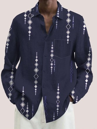 Men's Deep Blue Tribal Pattern Casual Natural Fiber Long Sleeve Plus Size Shirt