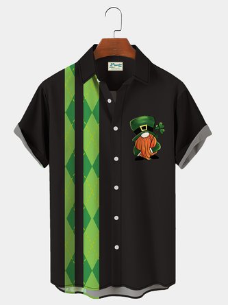 Royaura Men's Casual St. Patrick Green Plaid Panel Black Four Sided Flip Collar Hawaiian Short Sleeve Shirt