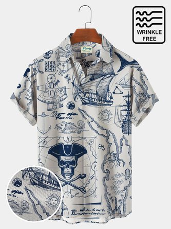 Royaura Men's 50‘s Vintage Pirate Hawaiian Shirts Nautical Map Pirate Ship Skull Seersucker Wrinkle Free Easy Care Aloha Shirts