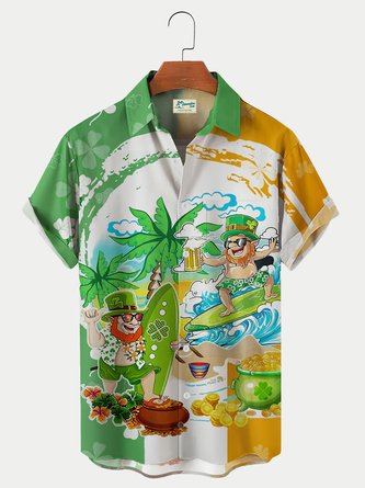 Royaura Men's Happy St. Patrick's Day Surf Print Hawaiian Shirt Breathable Shirts