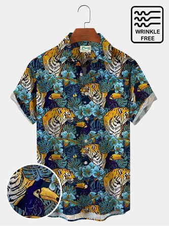 Royaura Men's Vintage Hawaiian Shirts Japanese Tiger Tropical Seersucker Wrinkle Resistant Oversized Aloha Shirts