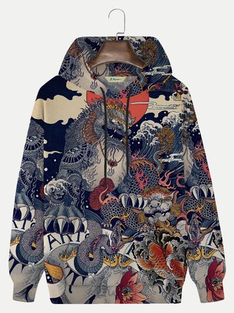 Royaura Men's Vintage Hoodies Japanese Ukiyo-e Art Cotton Blend Plus Size Sweatshirts