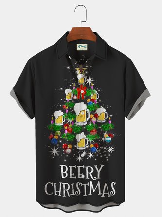 Royaura Men's Casual Shirt Christmas Beer Lapel Short Sleeve Shirt