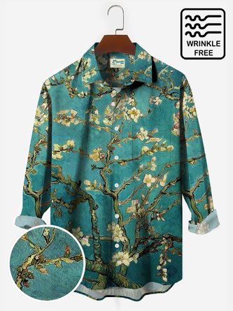 Royaura Vintage Art Painting Floral Men's Long Sleeve Shirts Seersucker Wrinkle Free Easy Care Camp Shirts