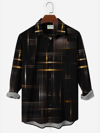 Royaura 3D Geometric Long Sleeve Shirts Art Black Gold  Gradient Plaid Fashion Button Up Trend Shirts