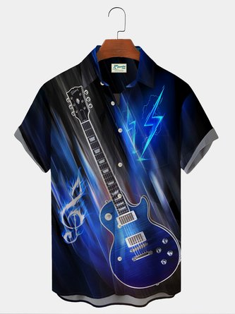 Royaura Men’s Blue Lightning Electric Guitar Hawaiian Shirts Gradient Quick Dry Fashion Music Shirts