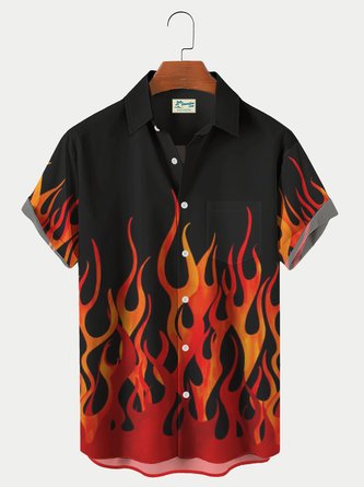 Fashion Red Fire Border Flames Print Men's Hawaiian Shirts Flowy Big and Tall Shirt