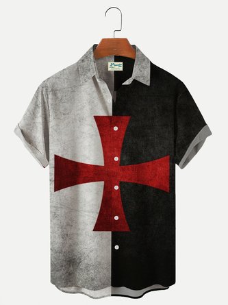 Knights Templar Flag Printed Men's Short Sleeve Aloha Shirts Black Plus Size Shirts