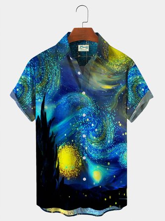Royaura Van Gogh Art Pattern Men's Starry Night Hawaiian Short Sleeve Shirt
