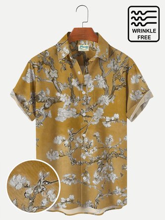 Mustard Almond Blossom Floral Print Men's Hawaiian Short Sleeve Shirts Seersucker Big and Tall Shirt