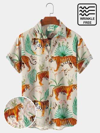 Royaura Tiger Beach Print Men's Hawaiian Short Sleeve Shirt Wrinkle-Free Shirt