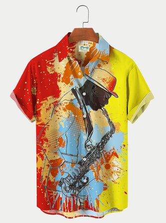 Cool Jazz Player Art Print Men's Short Sleeve Hawaiian Shirt Comfortable Breathable Plus Size Shirt