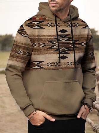 Royaura Vintage Aztec Drawstring Cowboy Western Ethnic Plus Size Men's Warm Long Sleeve Hoodie