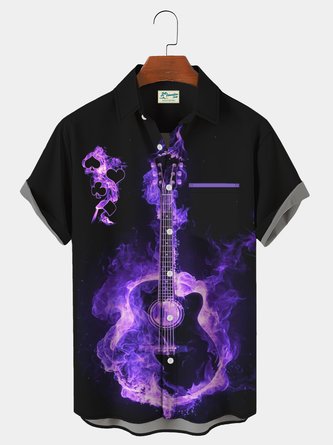 Royaura Vintage Music Guitar Flame Poker Purple Hawaiian Men's Short Sleeve Shirt