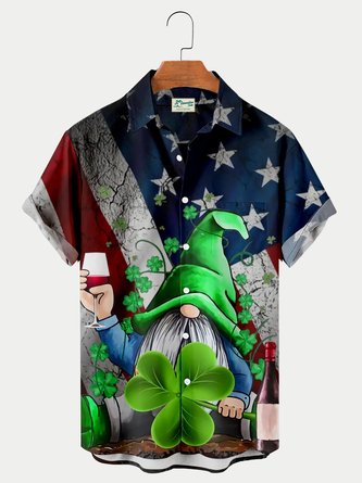 St. Patrick's Gnome Shamrock American Flag Print Men's Hawaiian Shirt Plus Size Holiday Shirts