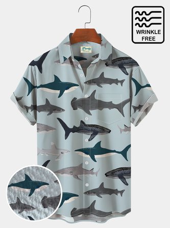 Royaura Vacation Shark Hawaii Men's Short Sleeve Shirt Wrinkle Free Shirt