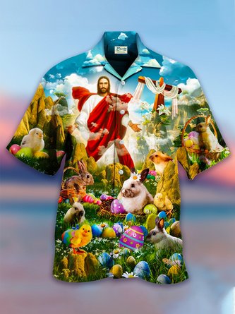 Royaura Holiday Easter Jesus Bunny Pattern Hawaiian Men's Short Sleeve Shirt