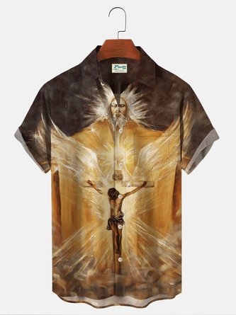 Royaura Vintage Casual Easter Men's Aloha Shirts Jesus Divinity Cross Art Stretch Oversized Hawaiian Button Down Shirts
